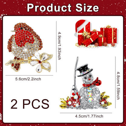 2 Pcs Christmas Brooches,Christmas Jewellery Lapel Decoration with Robin and Snowman Elegant for Women,Xmas Pin Badges with Rhinestone Crystal as Ornaments Gift for Xmas Theme Pary