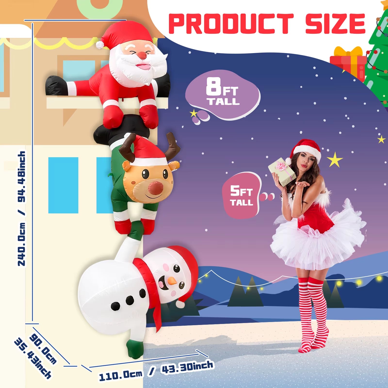 8FT Christmas Inflatables Decor, Climbing Santa Claus with Reindeer & Snowman/Elves, Xmas Decor for Beam Roof Tree Indoor Party