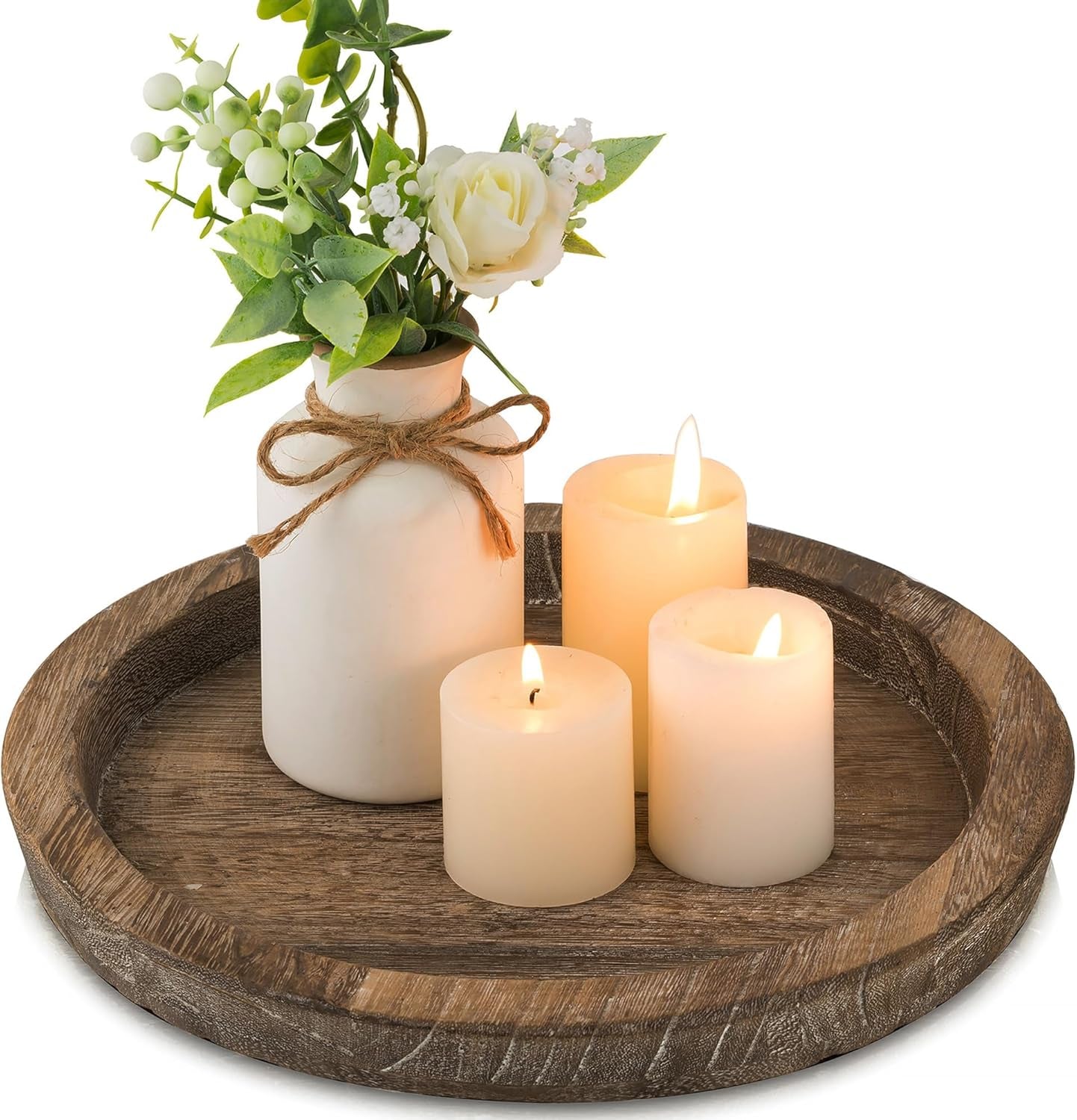 Wooden Candle Holder Tray: round Decorative Candle Plate Farmhouse Table Centerpiece Rustic Wood Tealight Pillar Trays for Christmas Wedding Halloween Home Decor