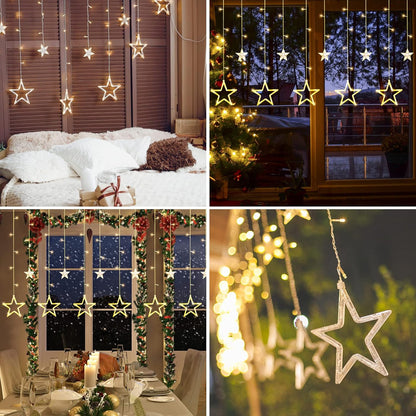Christmas LED Stars Curtain Lights,12 Stars 138 Window Curtain String Lights with 8 Flashing Modes Decoration for Wedding, Party,Wall, Home Decorations,Usb/Battery Powered (Warm White)