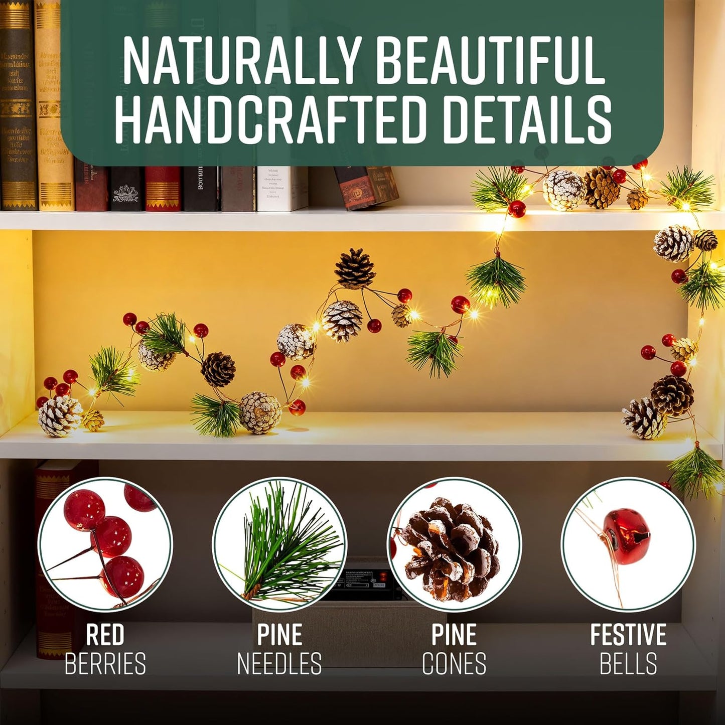 2M Christmas Garland with 20 LED Lights – Pre-Lit Decoration for Fireplace, Stairs, and Indoor Home Décor – Xmas Garland for Christmas Decorations