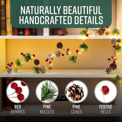 2M Christmas Garland with 20 LED Lights – Pre-Lit Decoration for Fireplace, Stairs, and Indoor Home Décor – Xmas Garland for Christmas Decorations