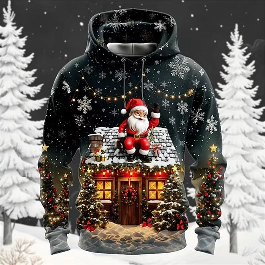 3D Print Funny Santa Claus Graphic Pullover Hoodies for Men Casual Christmas Oversized Hoodie Clothes Mens Xmas Tracksuit
