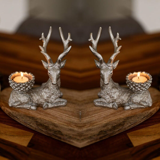 Marco Paul Set of Two Resin Stag Tealight Holders Candle Holder Traditional Christmas Decorations Deer Antler Table Decoration Centrepiece Tea Light Candle Holders Decorative Reindeer Ornament 2Pc