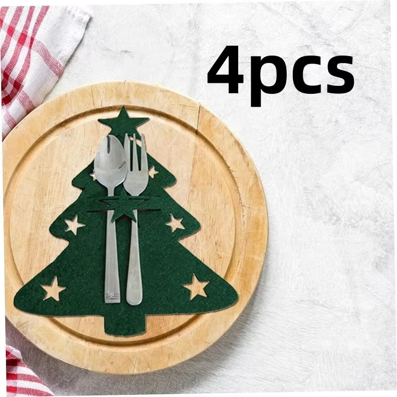 Non-Woven Fabric Cookware Pocket Cutlery Bag Organizer Table Decor Christmas Knife and Fork Holder Elk Xmas Tree