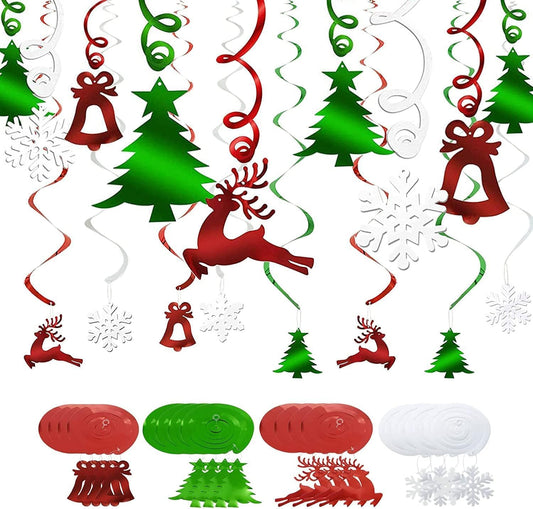 30PCS Christmas Ceiling Decorations, Christmas Hanging Decorations Indoor, Christmas Hanging Swirls Decorations, Christmas Tree, Bell, Reindeer, Snowflake for Birthday Holiday Party Décor