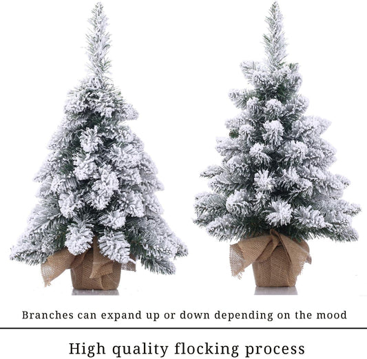 Pre-Lit Artificial Mini Christmas Tree with LED Lights,20 Inch Snow Flocked Pine Xmas Tree,70 Branch Tips,Desktop Tabletop Christmas Tree Burlap Base-(50Cm)