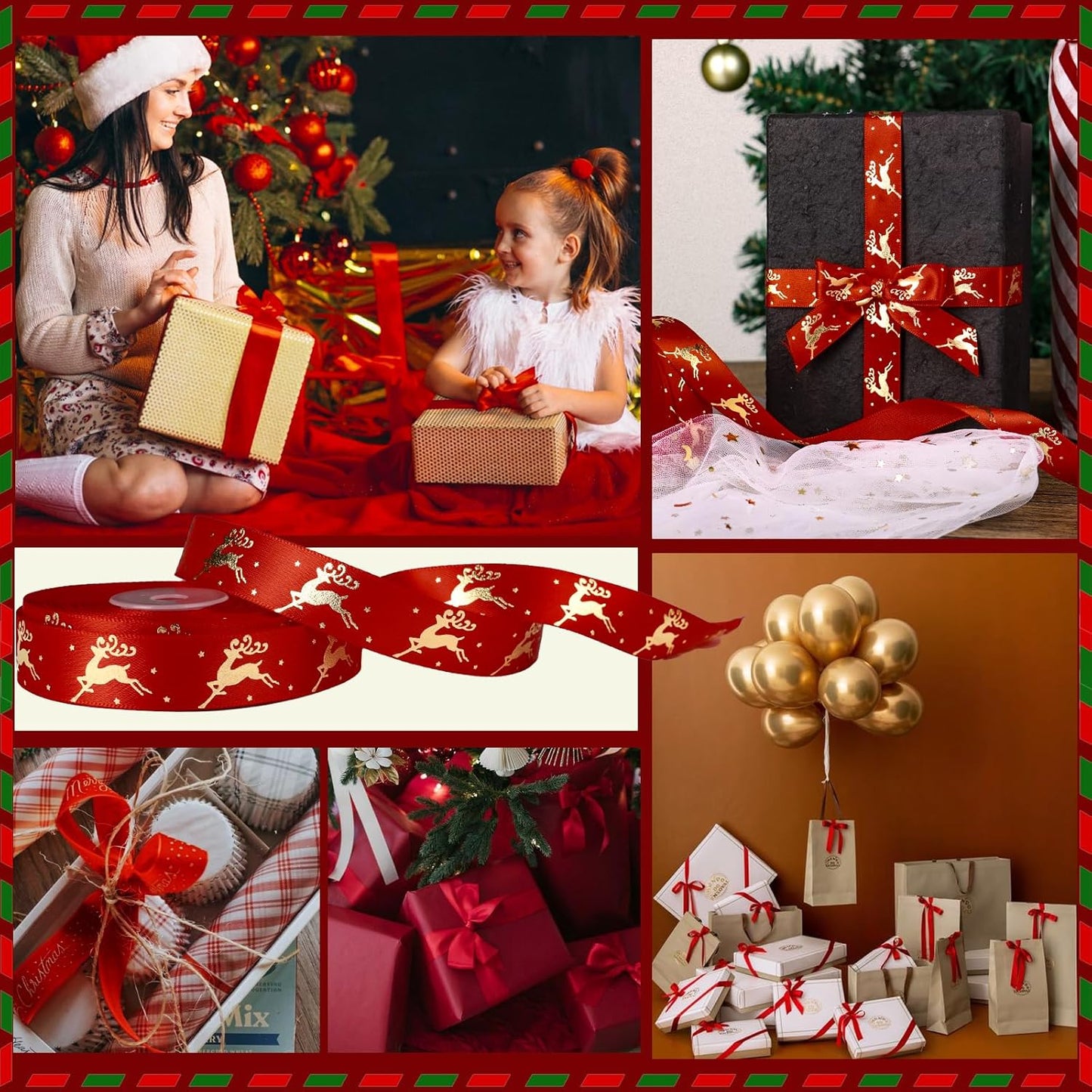 20Mm 25 Yards Red Christmas Ribbons Roll Gold Reindeer Ribbon for Christmas Crafts Gift Wrapping Xmas Present Packaging Decorations