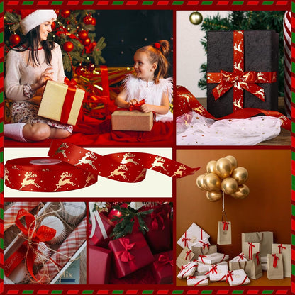 20Mm 25 Yards Red Christmas Ribbons Roll Gold Reindeer Ribbon for Christmas Crafts Gift Wrapping Xmas Present Packaging Decorations