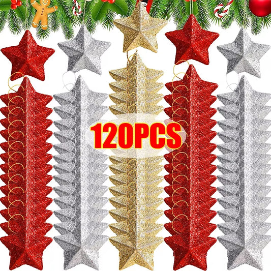 120/6Pcs Glitter Star Ornaments Christmas Tree Hanging Pentagram Pendant for Home Navidad New Year Party DIY Five-Pointed Stars