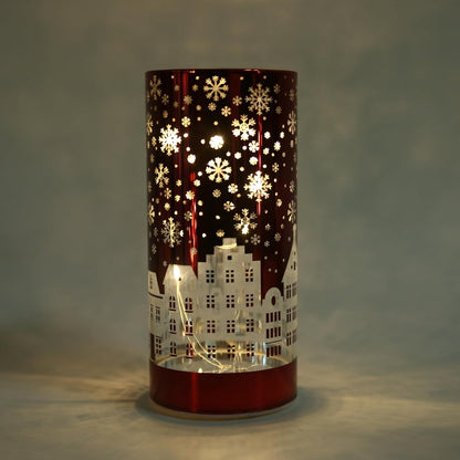 17Cm Christmas Decorated Vase Table Lamp Etched Glass Tube Xmas Red Cylinder LED Fairy Lights Battery Operated Table Decoration