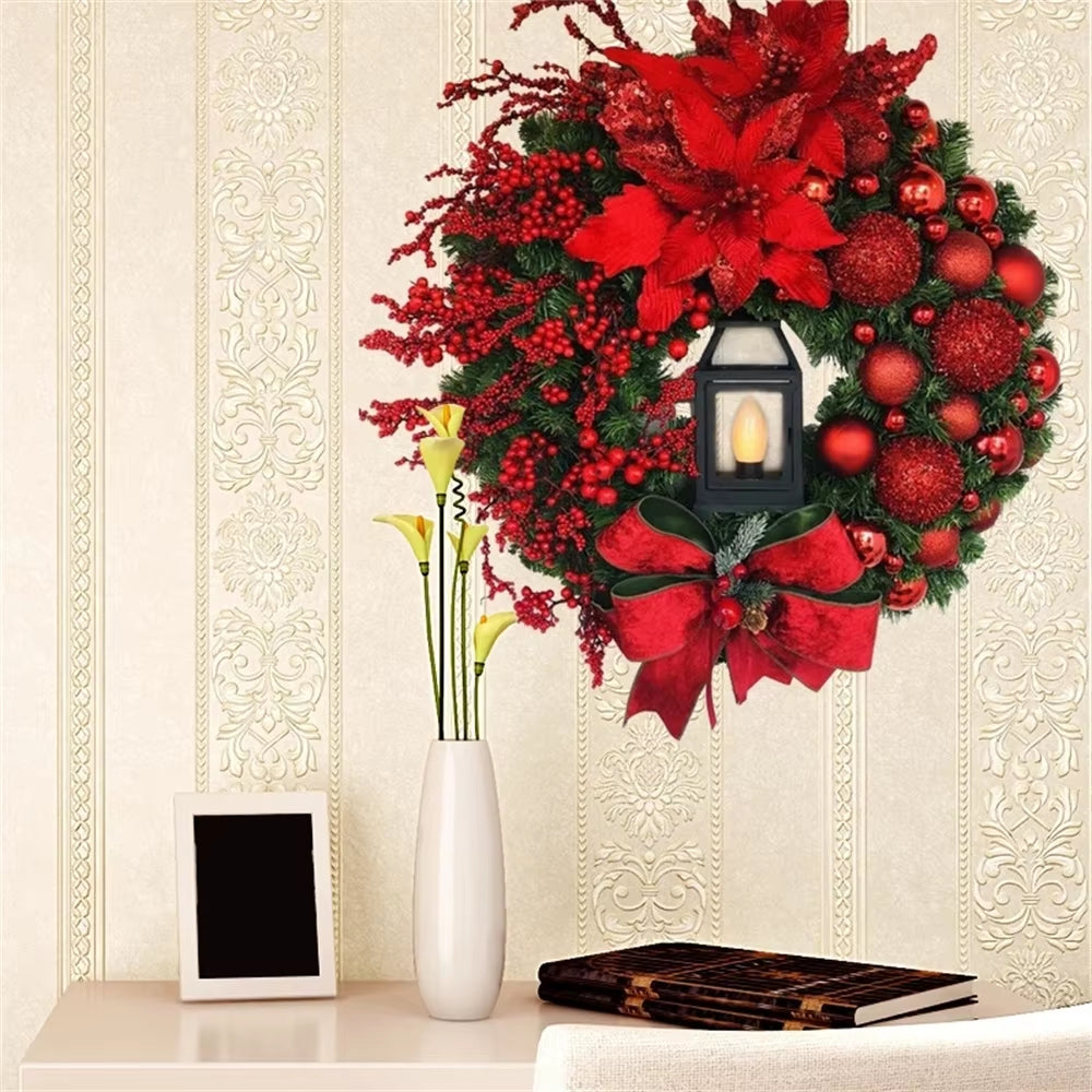 40Cm Big Red Flower Bow Ball Christmas Wreath with Oil Lamp Navidad Party Wedding Door Window Wall Fireplace Staircase Balcony