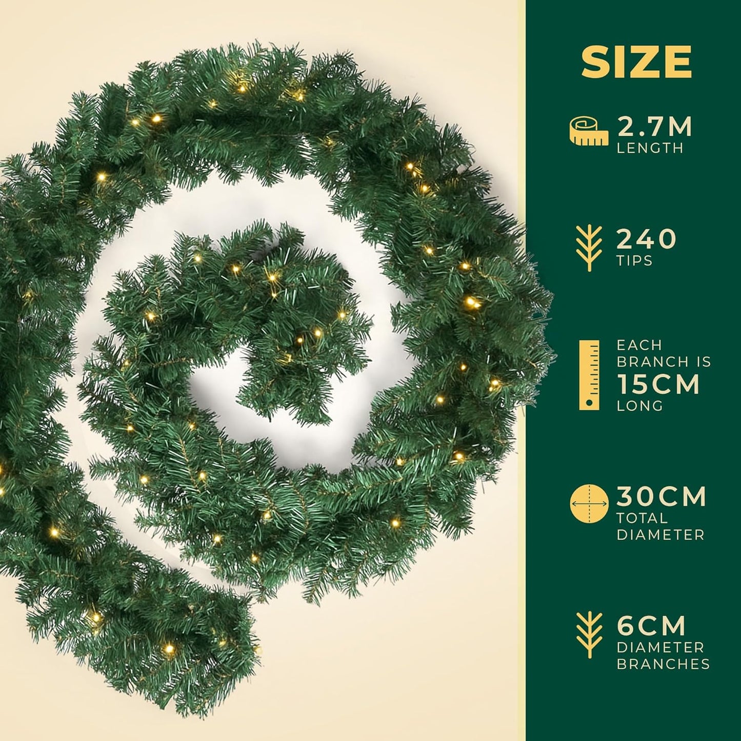 Christmas Garland with Lights 2.7M / 9FT – Pre-Lit Christmas Decoration with 70 Warm White Leds – Extra Thick Artificial Green Garland for Fireplace, Stairs, Doors & Table Décor (With Lights, 2.7M)