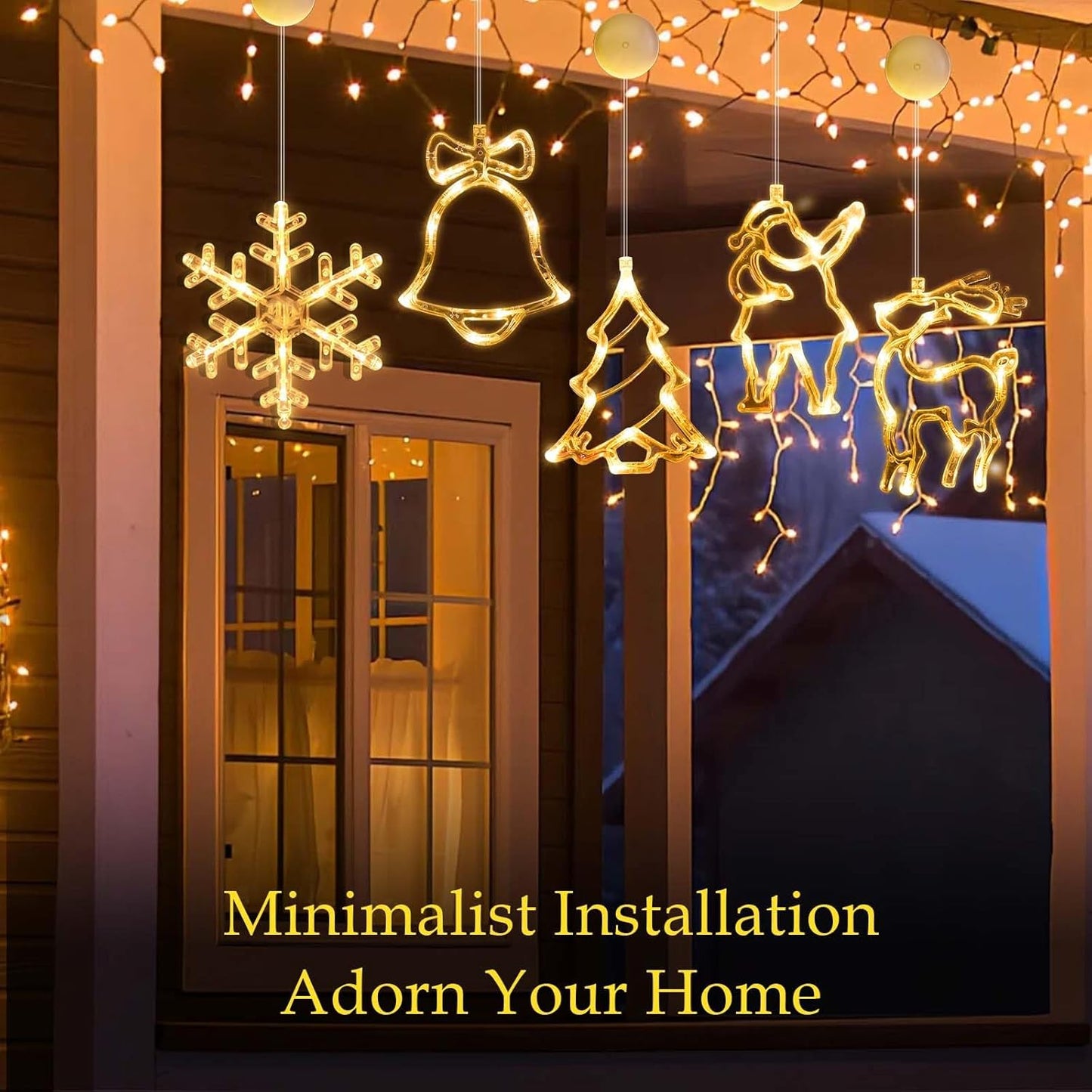 5 Pcs Suction Cup Lights – LED Christmas Window Lights Decorations (Deer, Christmas Tree, Snowflakes, Bells, Santa Claus) Battery Operated, Indoor Window Fairy Lights for Party, Balcony Decor
