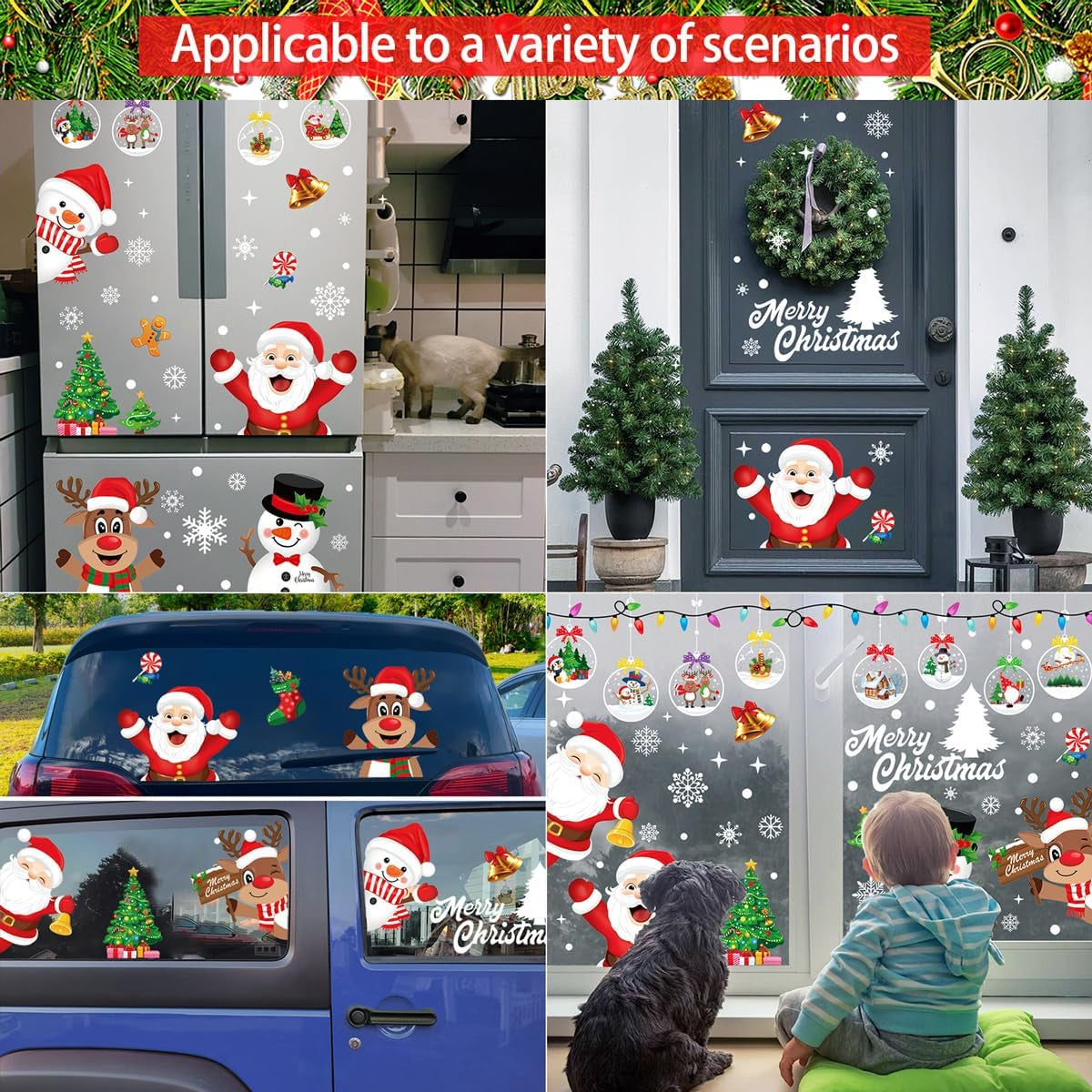 Christmas Window Stickers, 10 Sheets Santa Claus Xmas Window Clings Christmas Decorations, Reusable Snowflake Window Stickers for Christmas Window Decorations Indoor