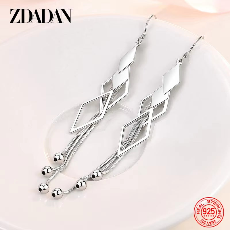 925 Sterling Silver Geometric Long Tassel Drop Earrings for Women Wedding Jewelry