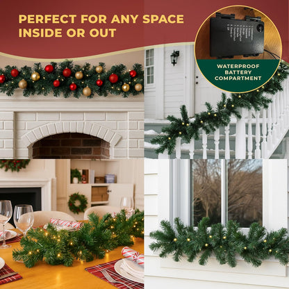 Christmas Garland with Lights 2.7M / 9FT – Pre-Lit Christmas Decoration with 70 Warm White Leds – Extra Thick Artificial Green Garland for Fireplace, Stairs, Doors & Table Décor (With Lights, 2.7M)