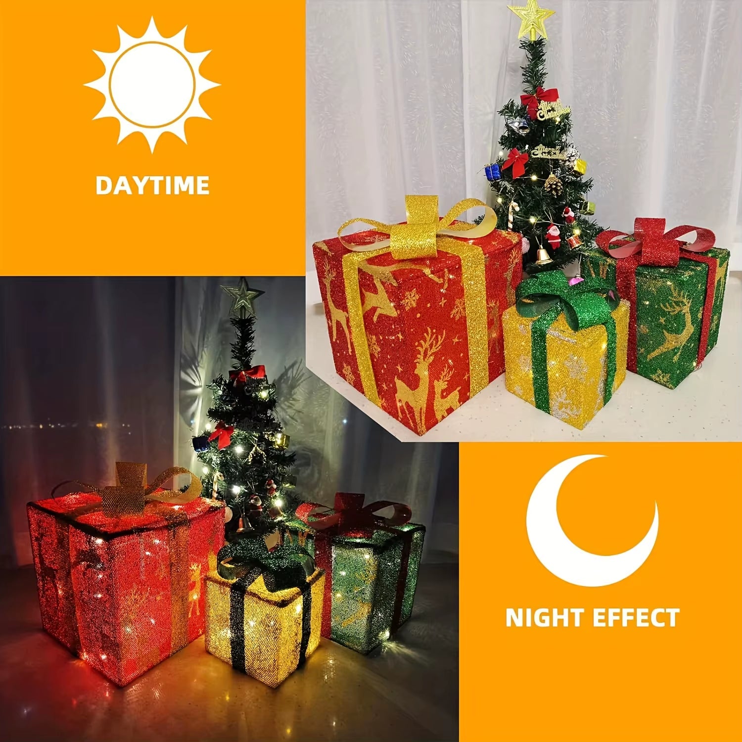 3PCS Christmas Lighted Gift Boxes, LED Lighted Gift Boxes for Christmas Decor Outdoor Indoor, Light up Gifts Box