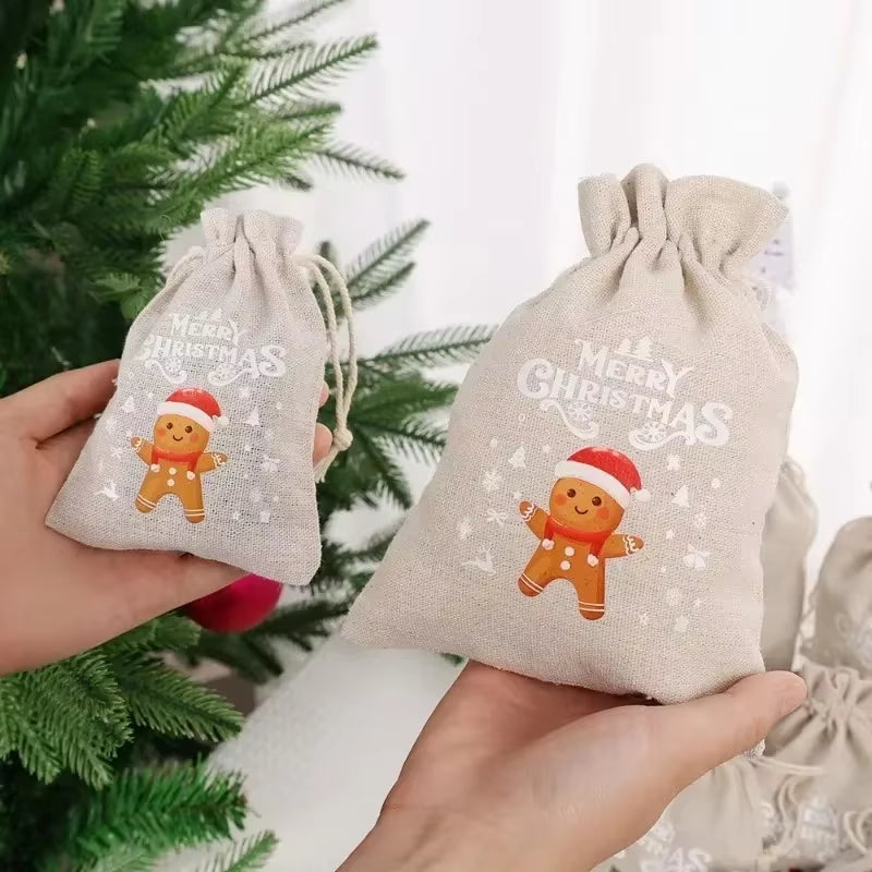 30/1Pcs Christmas Drawstring Bag Santa Claus Snowman Linen Candy Gift Packaging Bags Xmas Favor Bracelet Jewelry Storage Pouch
