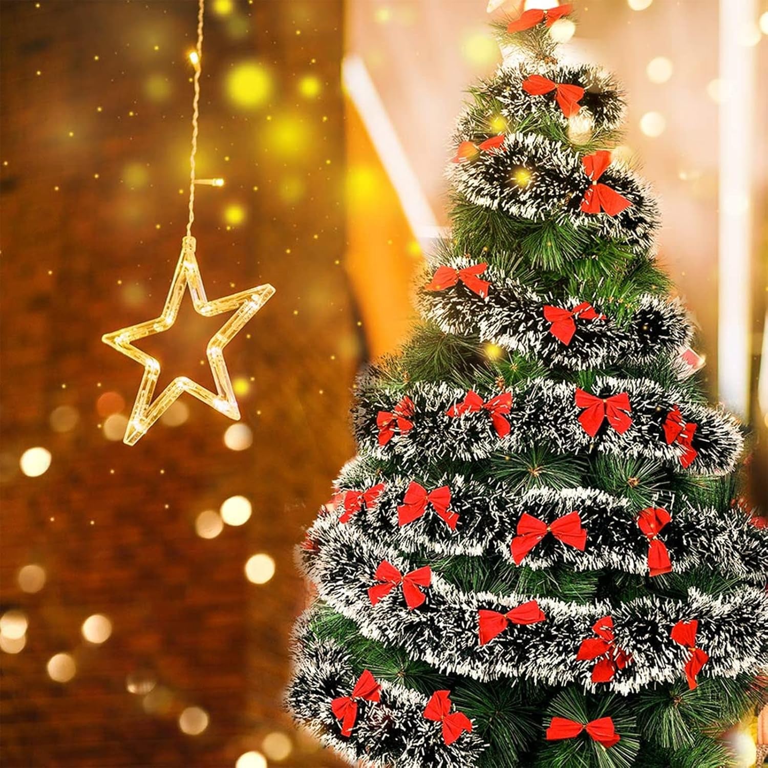 32.8 Feet Dark Green/White Tinsel Christmas Decorations, Chunky Metallic Shiny Garland Christmas Tree Hanging Decorations for Xmas Holiday Indoor Outdoor Party Decor