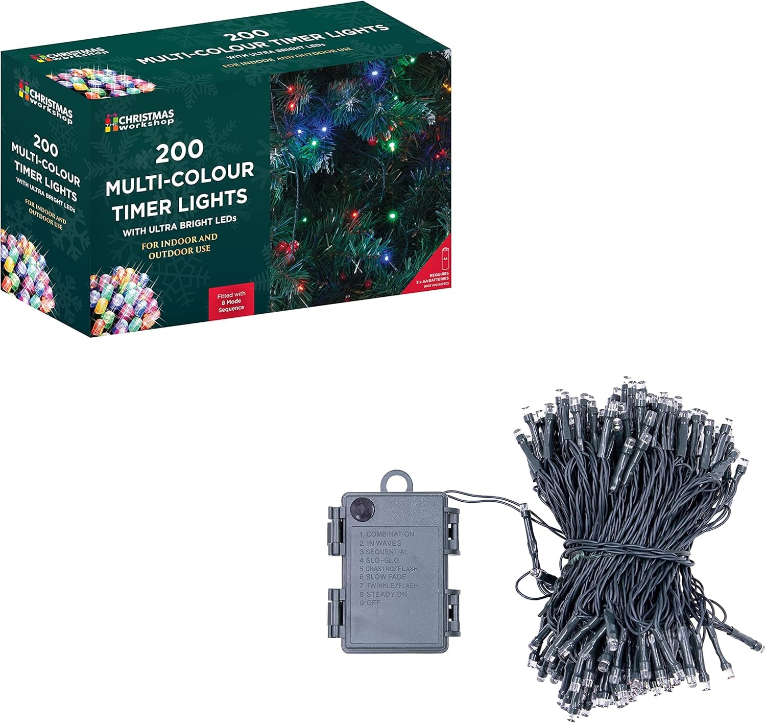 71160 Multi-Coloured Christmas Lights / 200 LED Christmas Tree Lights / 19.9 Metres Long/Battery Operated/Indoor or Outdoor Christmas Decorations / 8 Light Modes
