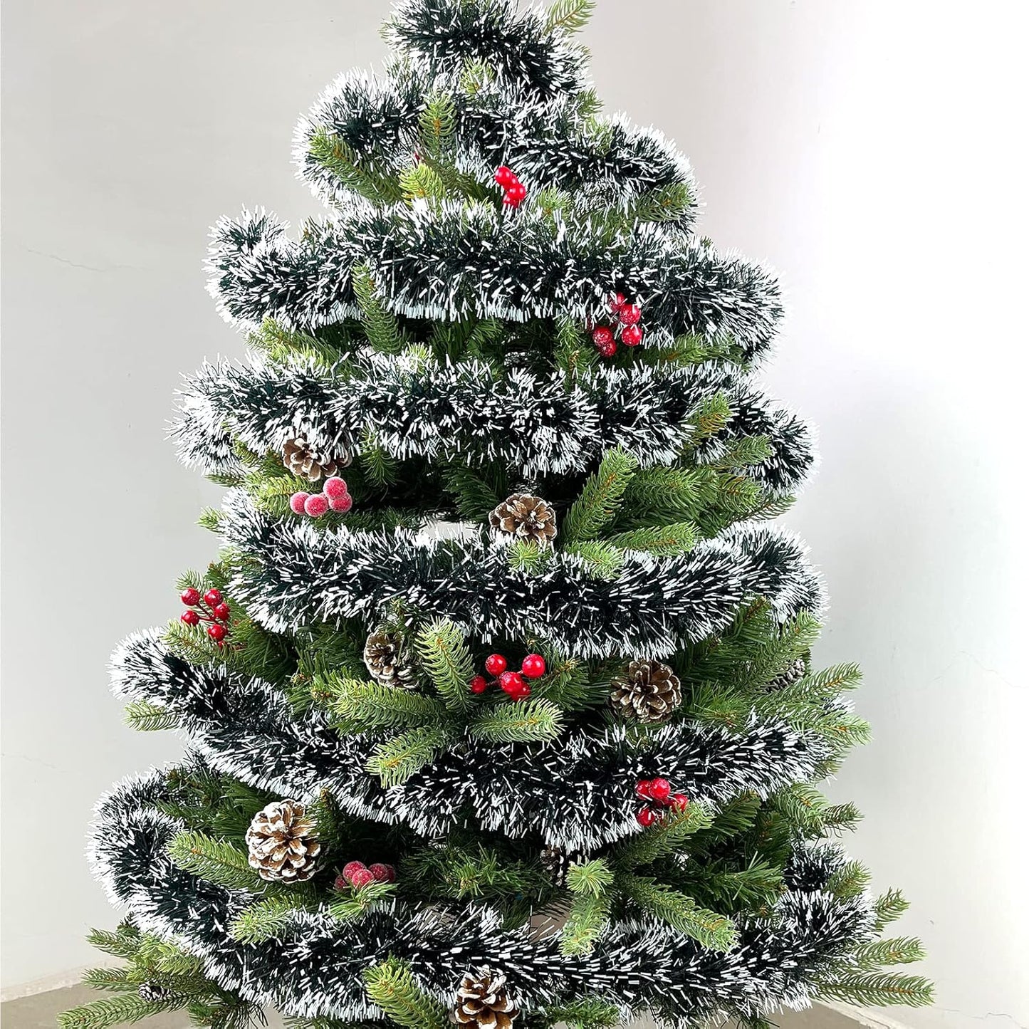 32.8 Feet Dark Green/White Tinsel Christmas Decorations, Chunky Metallic Shiny Garland Christmas Tree Hanging Decorations for Xmas Holiday Indoor Outdoor Party Decor