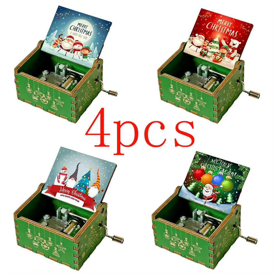 HOT Merry Christmas Music Box Wooden Antique Carved Hand Cranked Classic Theme Music for Birthday Party Gifts Family Decoration