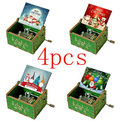 HOT Merry Christmas Music Box Wooden Antique Carved Hand Cranked Classic Theme Music for Birthday Party Gifts Family Decoration