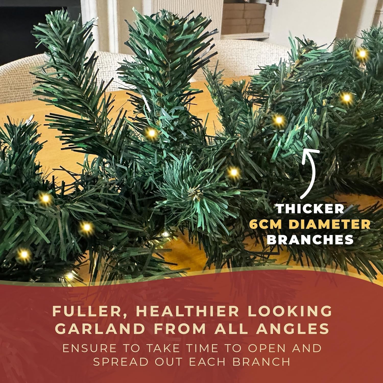 Christmas Garland with Lights 2.7M / 9FT – Pre-Lit Christmas Decoration with 70 Warm White Leds – Extra Thick Artificial Green Garland for Fireplace, Stairs, Doors & Table Décor (With Lights, 2.7M)