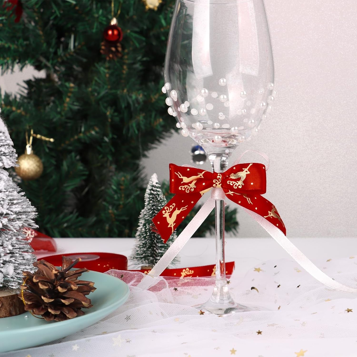 20Mm 25 Yards Red Christmas Ribbons Roll Gold Reindeer Ribbon for Christmas Crafts Gift Wrapping Xmas Present Packaging Decorations