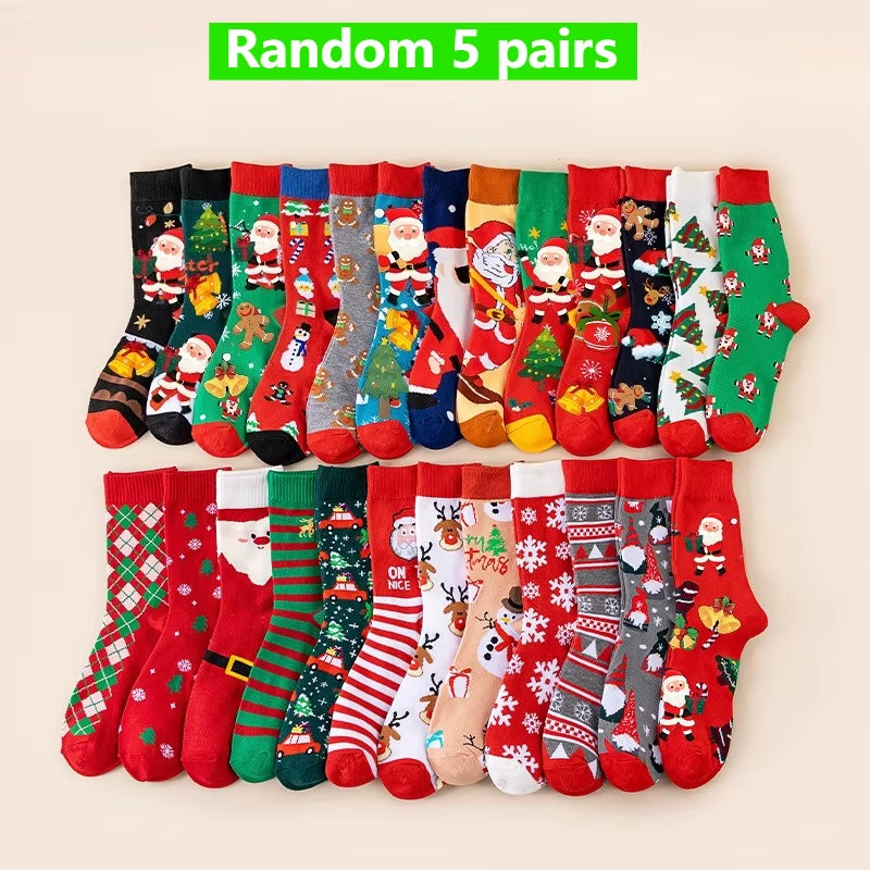 5/10Pairs Women'S Christmas Socks - Festive Santa, Reindeer, Snowman, Candy Canes - Warm Mid-Calf Holiday Stockings - Red, Green