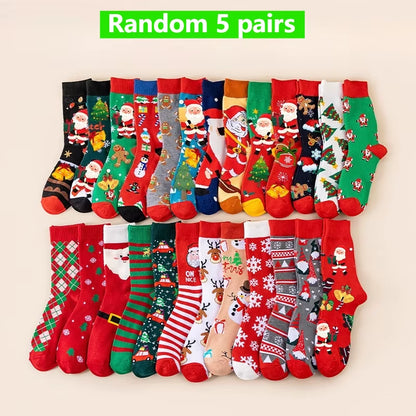 5/10Pairs Women'S Christmas Socks - Festive Santa, Reindeer, Snowman, Candy Canes - Warm Mid-Calf Holiday Stockings - Red, Green