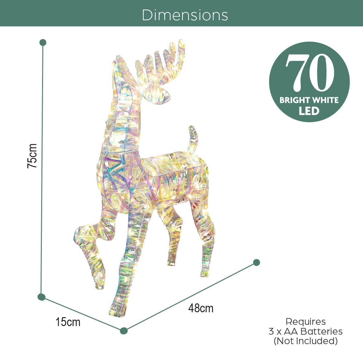 Iridescent Light up Reindeer/Bright White Christmas Lights/Indoors & Outdoors Suitable/Automatic 6 Hour Timer (75Cm)