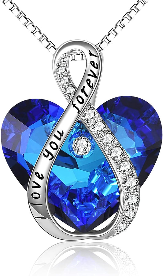 Sterling Silver Blue Infinity Love Heart Engraved Pendant Necklace with Austria Crystals- Birthday Anniversary Christmas Jewellery Gifts for Women Mum Girlfriend Daughter Her