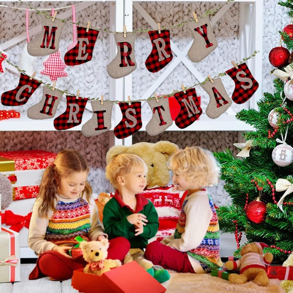 Merry Christmas Banners, XMAS Burlap Banners, Festival Flags Hanging Decorations, for Christmas Party Decorations Outdoor Indoor