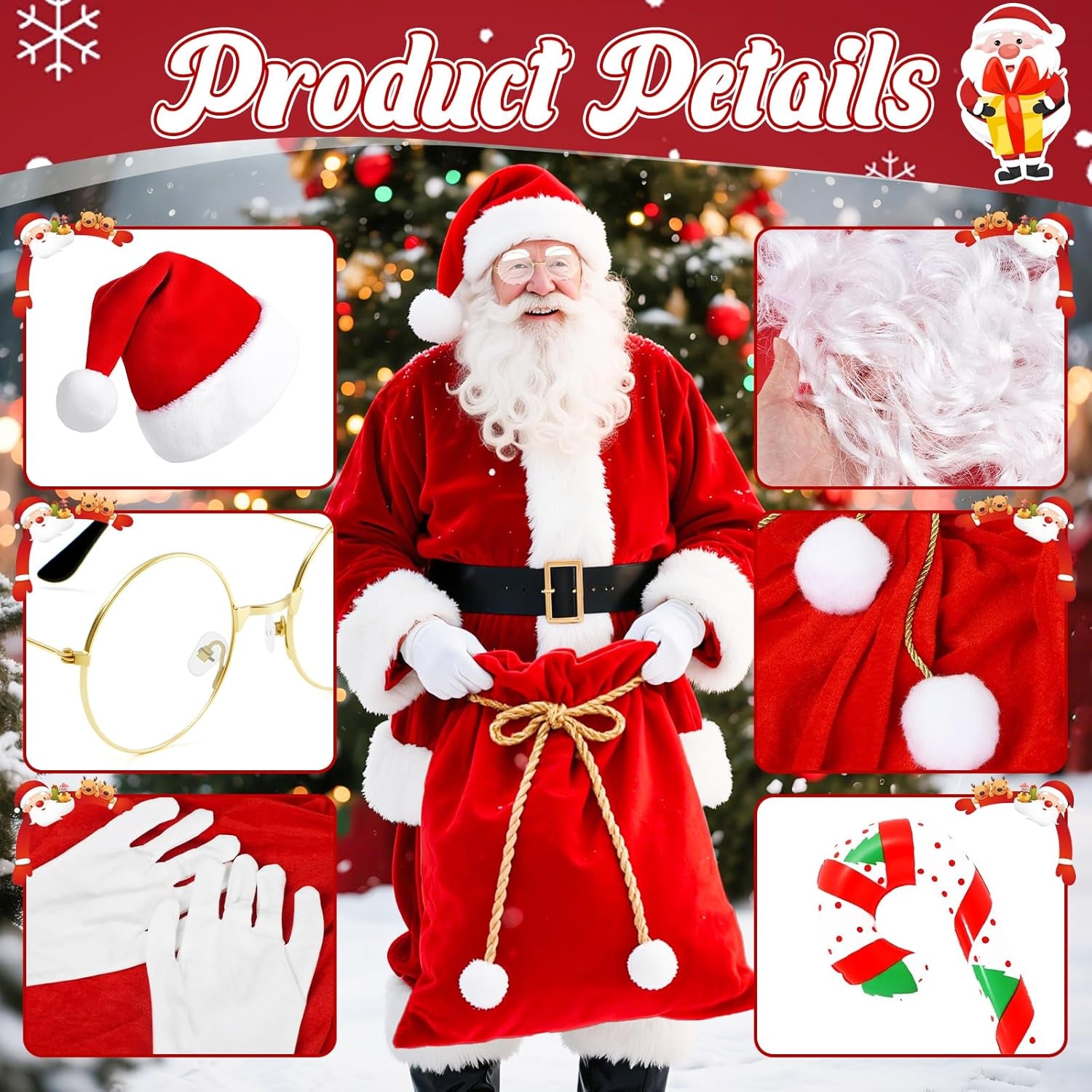 8Pcs Santa Claus Costume Accessories, Christmas Dress up Kit with Santa Hat Beard Wig Gloves Glasses Inflatable Candy Cane and Present Bag for Festive Family Gatherings Xmas Party