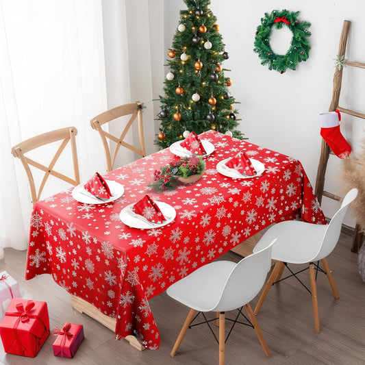 Christmas Table Cloth, Rectangular Machine Washable Xmas Dining Tablecloth in Red with Silver Snowflake Design - 50X70 (127X178Cm)