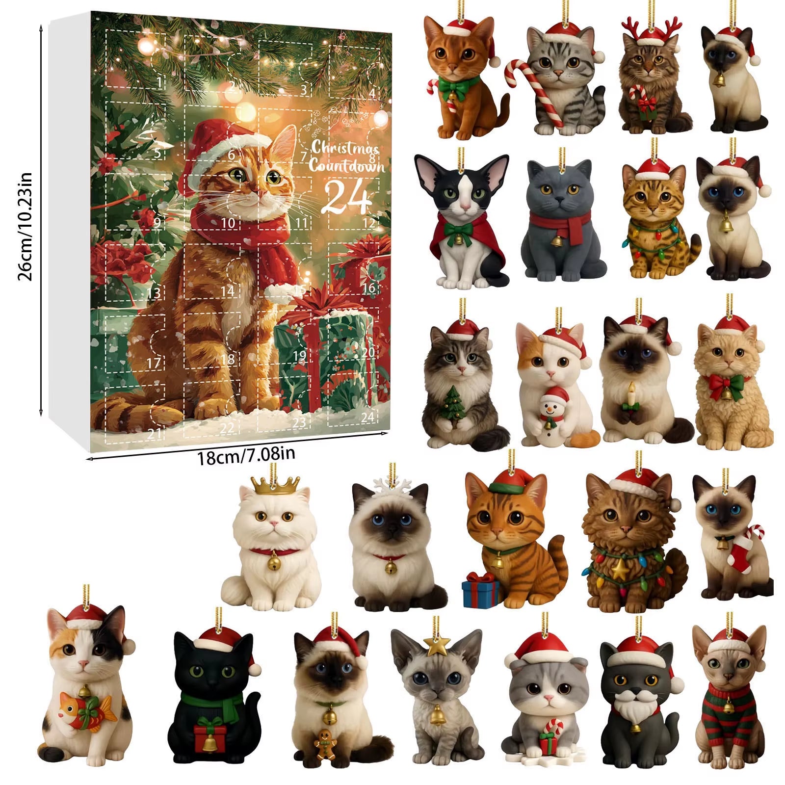 Cat Advent Calendar 2025 24 Days Christmas Countdown with 24 Different Breeds 2D Acrylic Cute Kitten Christmas Tree Ornaments