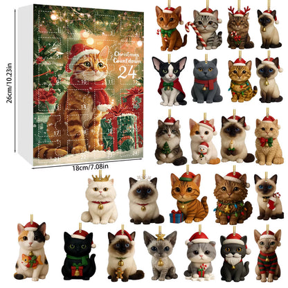 Cat Advent Calendar 2025 24 Days Christmas Countdown with 24 Different Breeds 2D Acrylic Cute Kitten Christmas Tree Ornaments