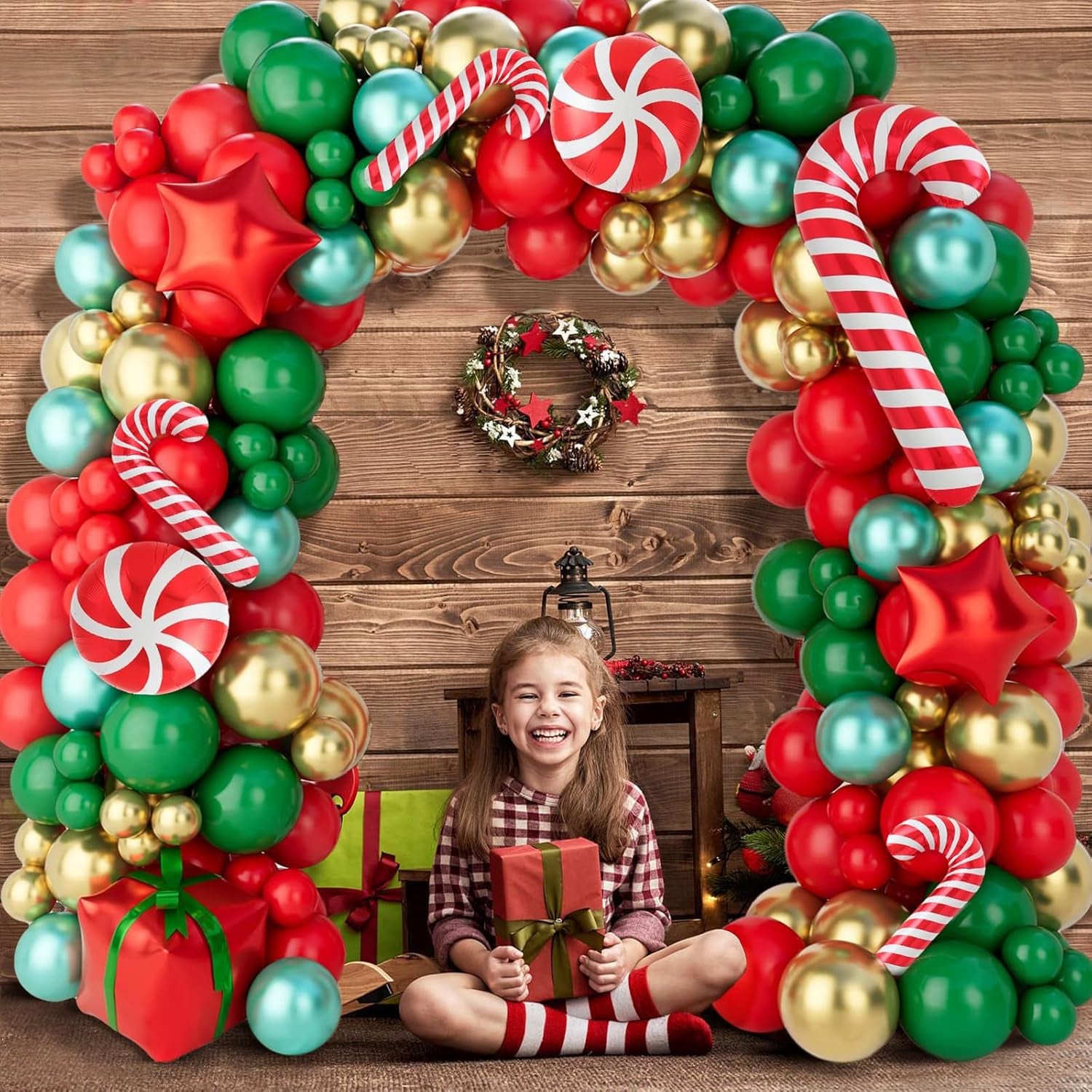 Christmas Balloons Garland Arch Kit, 154Pcs Christmas Garland with Red Green Gold Candy Cane Balloons Red Star Balloon Foil Balloon Arch for Xmas Party Decoration Supplies,Xmas Decorations for Indoors