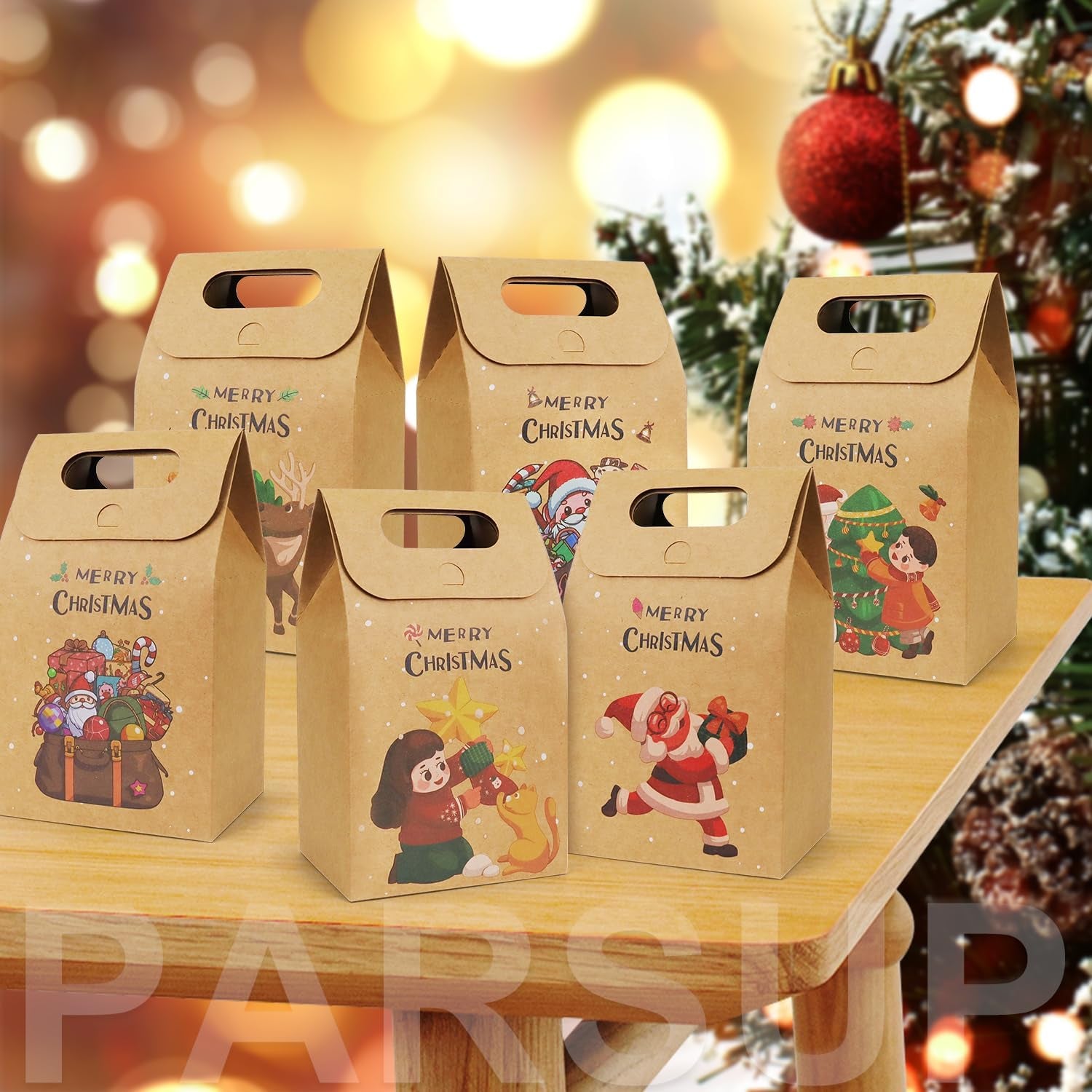 30Pcs Christmas Kraft Gift Bags, Christmas Candy Cookie Treats Party Paper Boxes Bags Assorted Styles Christmas New Year Holiday Party Treat Candy Supplies Presents