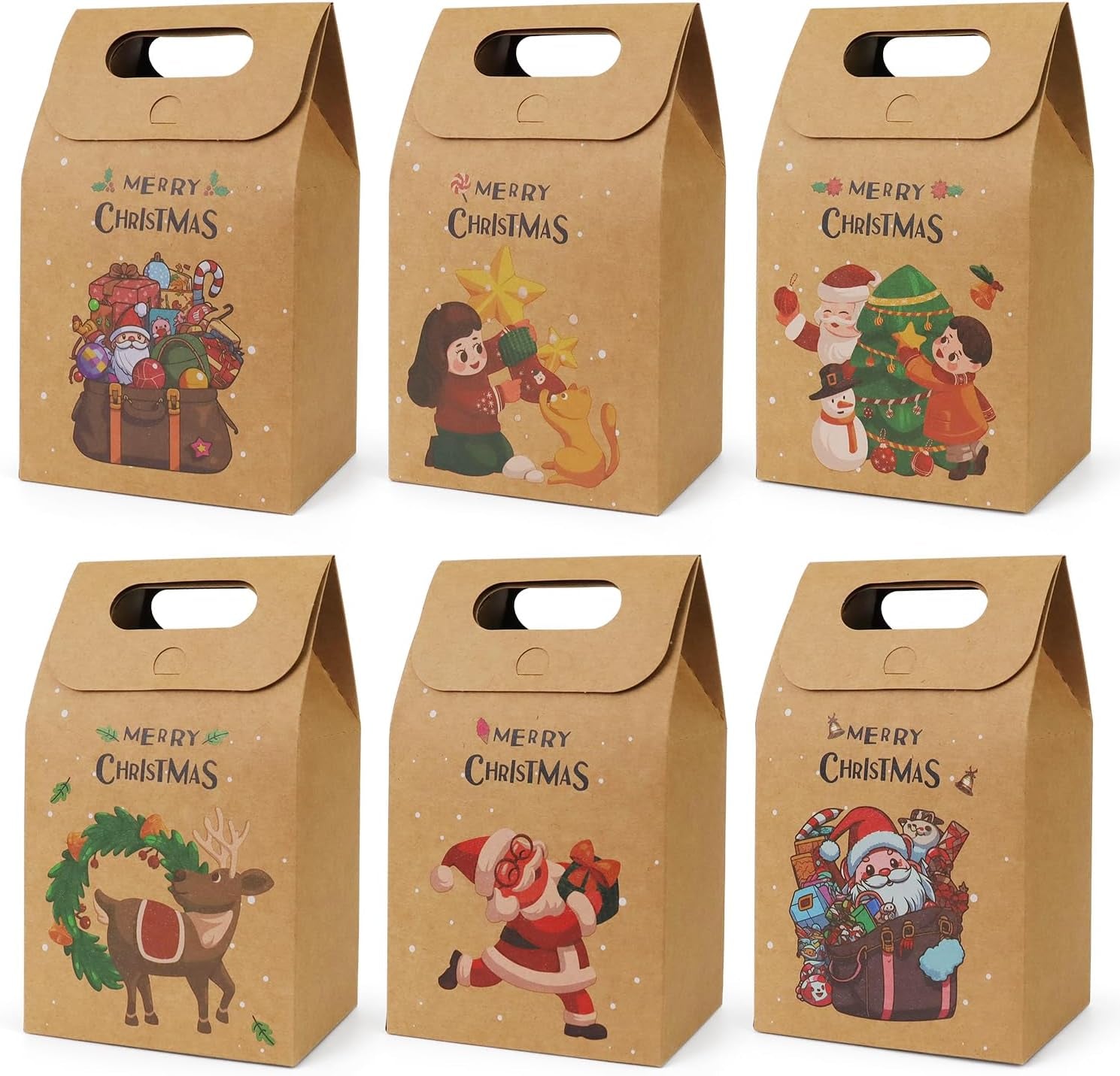30Pcs Christmas Kraft Gift Bags, Christmas Candy Cookie Treats Party Paper Boxes Bags Assorted Styles Christmas New Year Holiday Party Treat Candy Supplies Presents