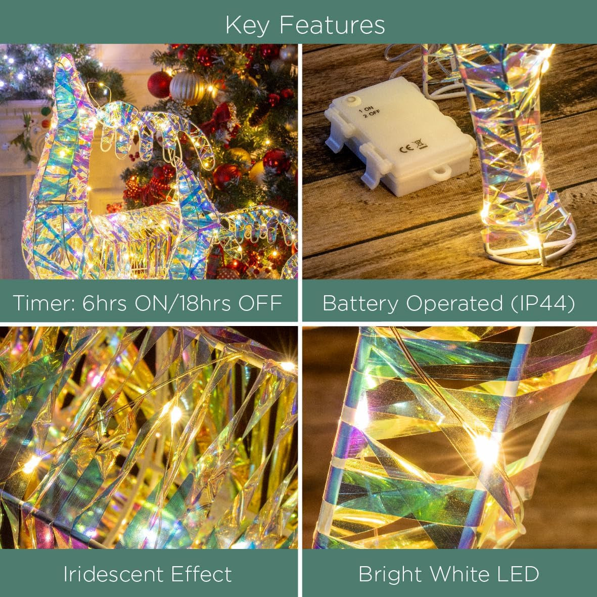 Iridescent Light up Reindeer/Bright White Christmas Lights/Indoors & Outdoors Suitable/Automatic 6 Hour Timer (75Cm)