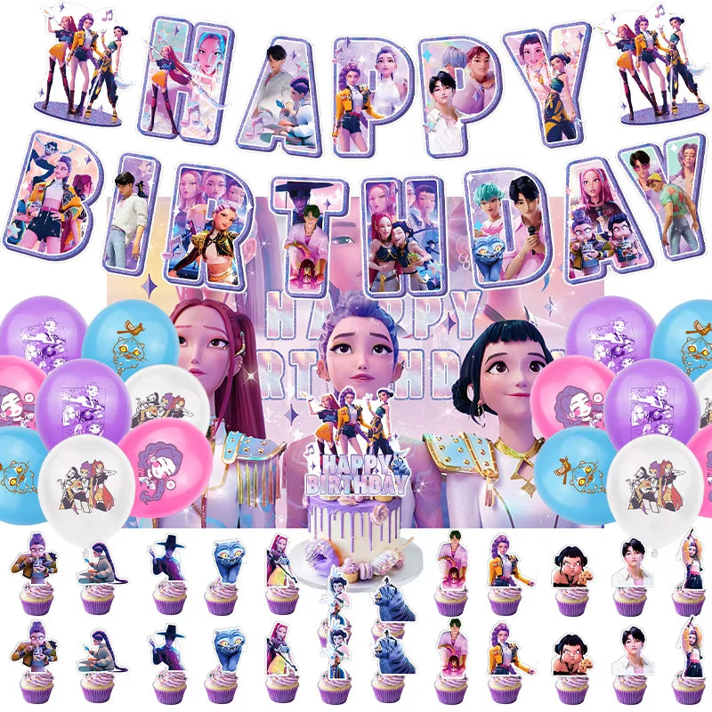Hot Kpop Demon Birthday Party Decoration Huntrix Kpop Anime Birthday Party Supplies Hunter Group Cake Topper Balloons Decor Sets