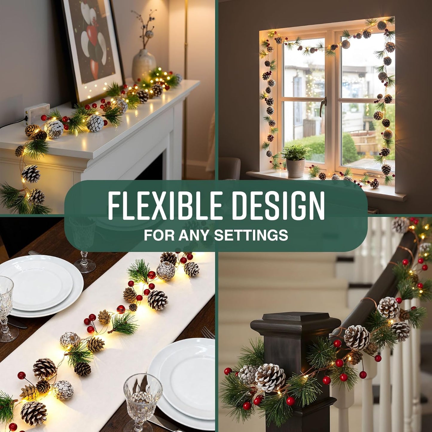 2M Christmas Garland with 20 LED Lights – Pre-Lit Decoration for Fireplace, Stairs, and Indoor Home Décor – Xmas Garland for Christmas Decorations