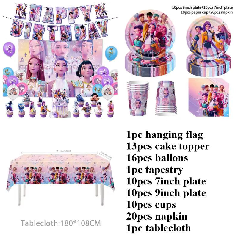 Hot Kpop Demon Birthday Party Decoration Huntrix Kpop Anime Birthday Party Supplies Hunter Group Cake Topper Balloons Decor Sets