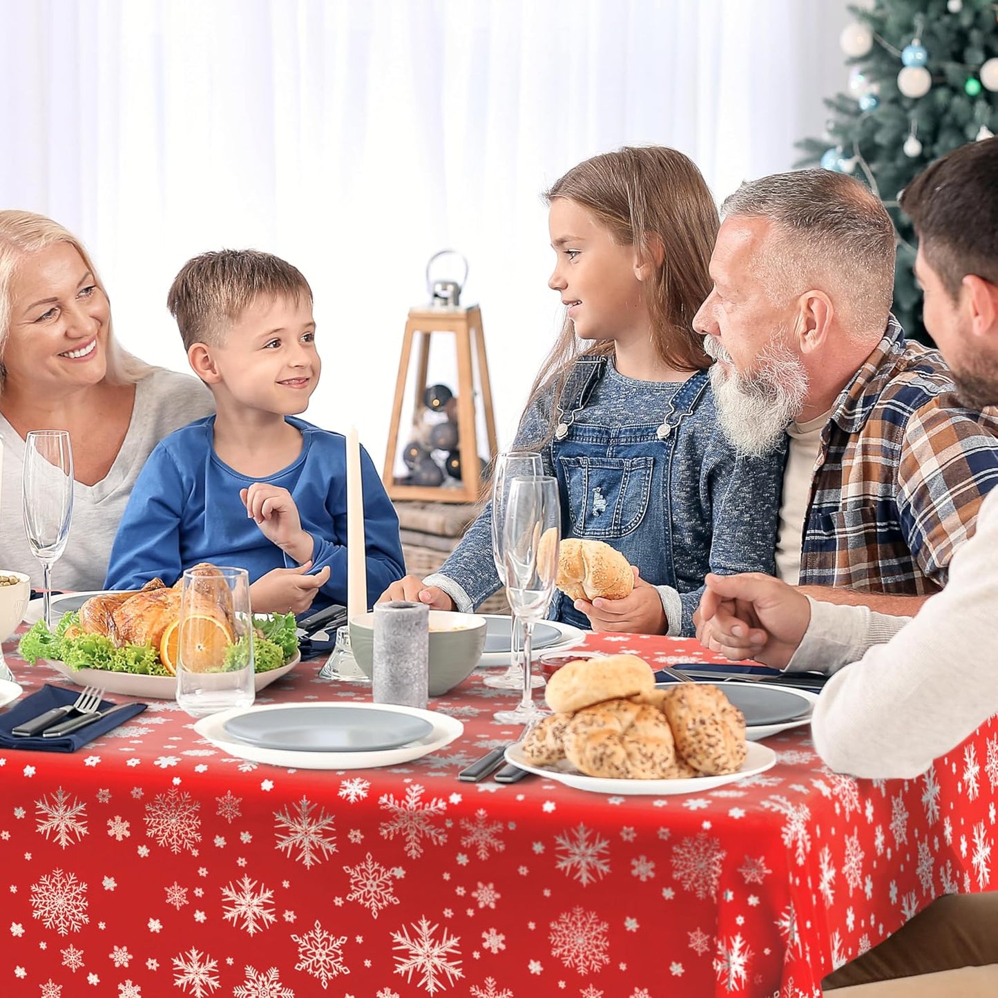 Christmas Table Cloth, Rectangular Machine Washable Xmas Dining Tablecloth in Red with Silver Snowflake Design - 50X70 (127X178Cm)