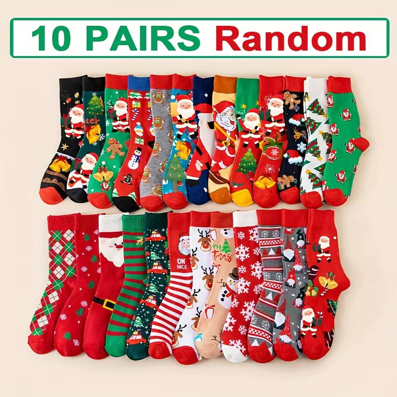 5/10Pairs Women'S Christmas Socks - Festive Santa, Reindeer, Snowman, Candy Canes - Warm Mid-Calf Holiday Stockings - Red, Green