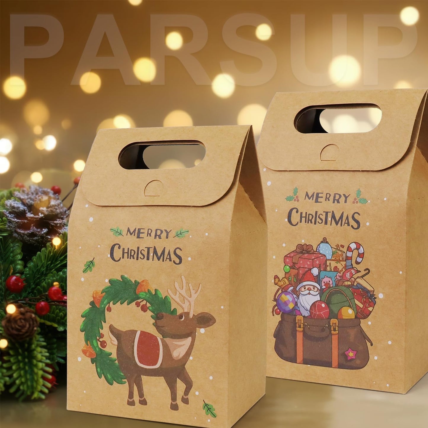 30Pcs Christmas Kraft Gift Bags, Christmas Candy Cookie Treats Party Paper Boxes Bags Assorted Styles Christmas New Year Holiday Party Treat Candy Supplies Presents