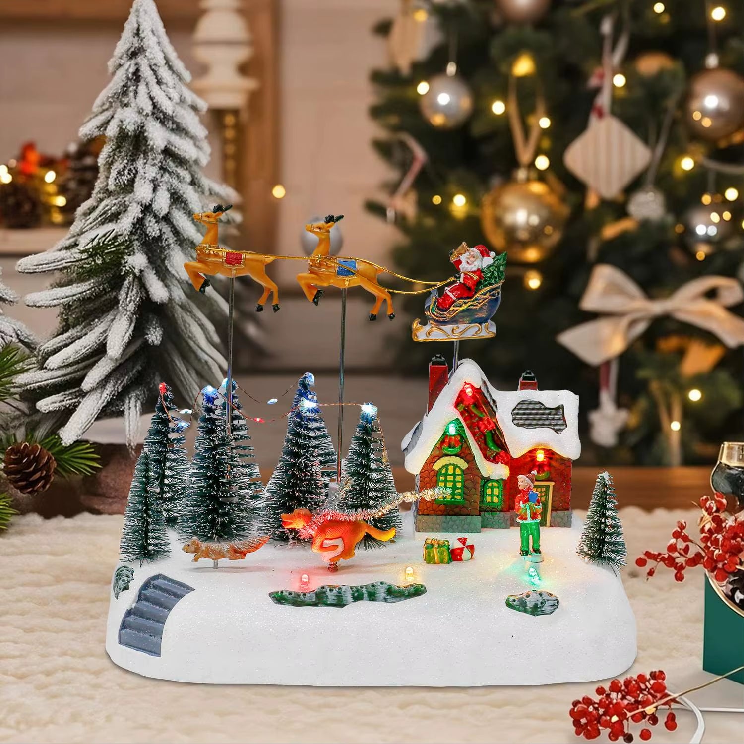 Animated Santa Sleigh Christmas Village Decoration Music Light-Up Building Accessories Snots on the Run Figurine for Indoor Use